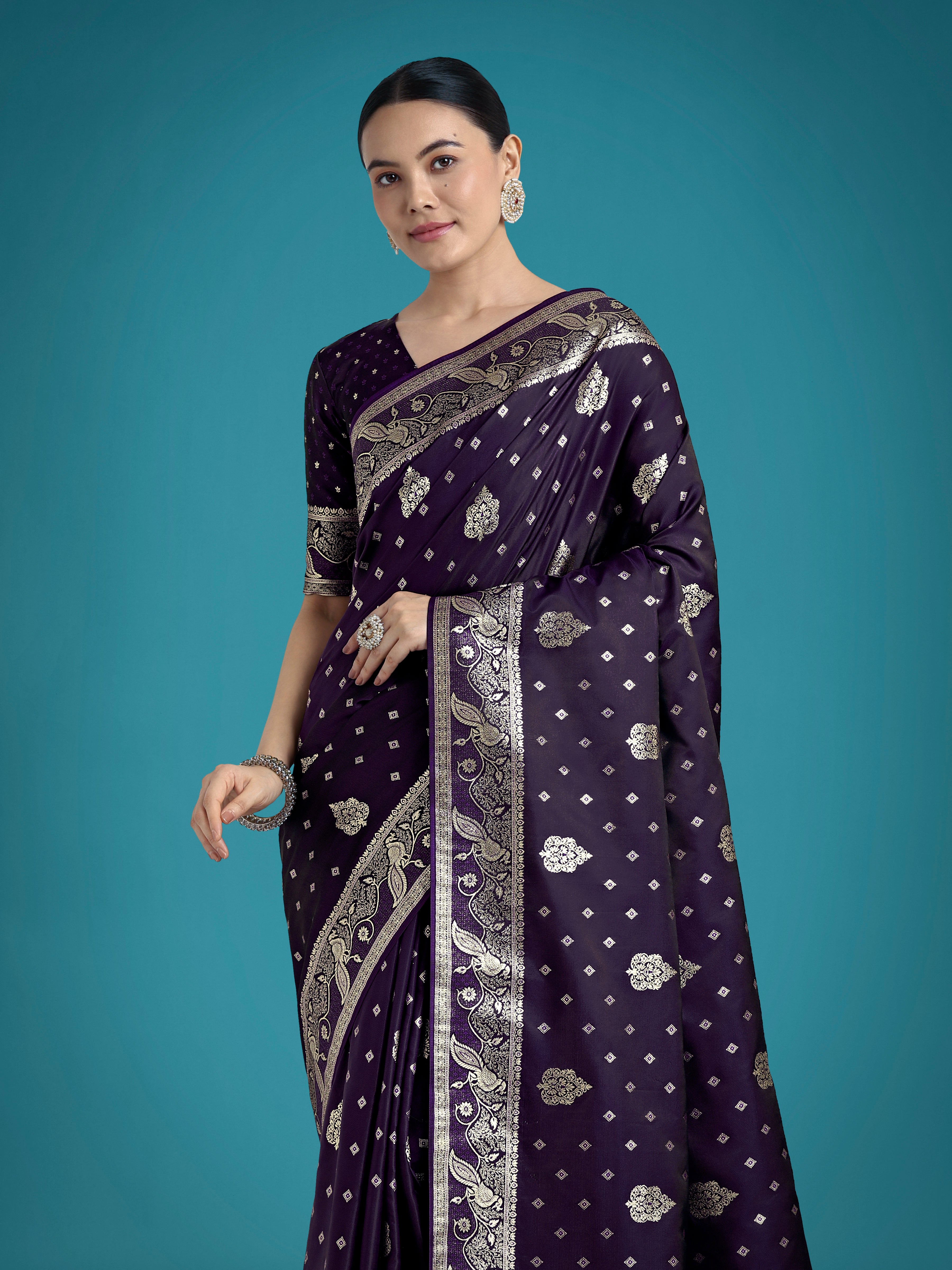 Dhiyona MJ Traditional Purple Woven Banarasi Satin Silk Saree