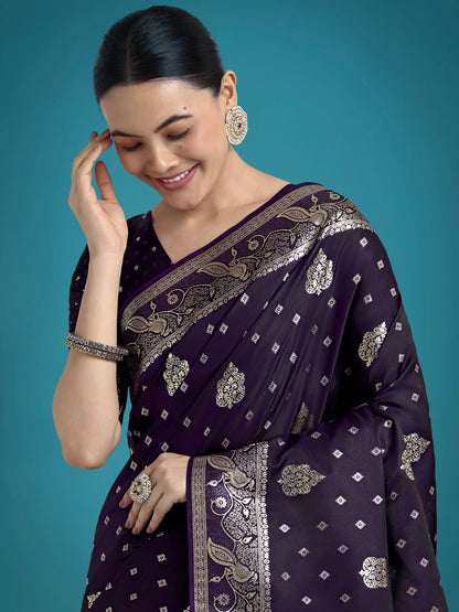 Dhiyona MJ Traditional Purple Woven Banarasi Satin Silk Saree