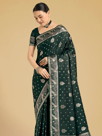 Dhiyona MJ Traditional Dark Geen Woven Banarasi Satin Silk Saree