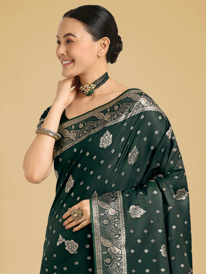 Dhiyona MJ Traditional Dark Geen Woven Banarasi Satin Silk Saree