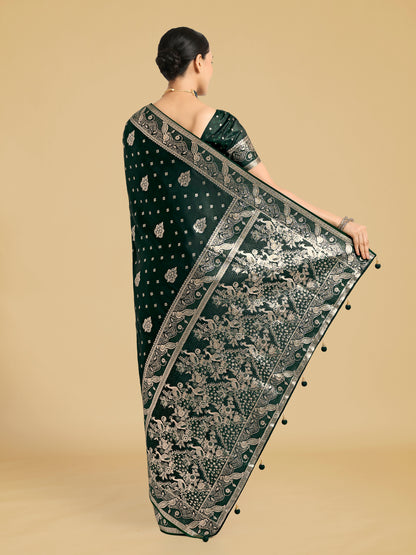 Dhiyona MJ Traditional Dark Geen Woven Banarasi Satin Silk Saree