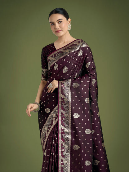 Dhiyona MJ Traditional Wine Woven Banarasi Satin Silk Saree