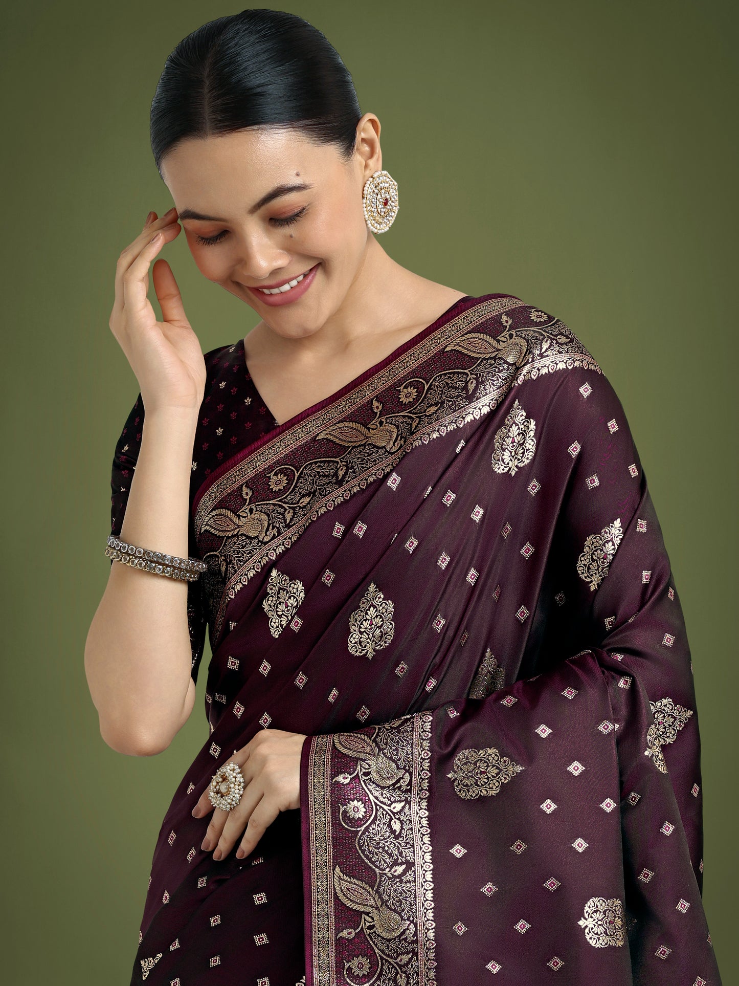 Dhiyona MJ Traditional Wine Woven Banarasi Satin Silk Saree