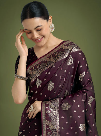 Dhiyona MJ Traditional Wine Woven Banarasi Satin Silk Saree