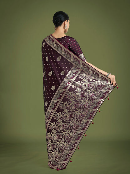 Dhiyona MJ Traditional Wine Woven Banarasi Satin Silk Saree