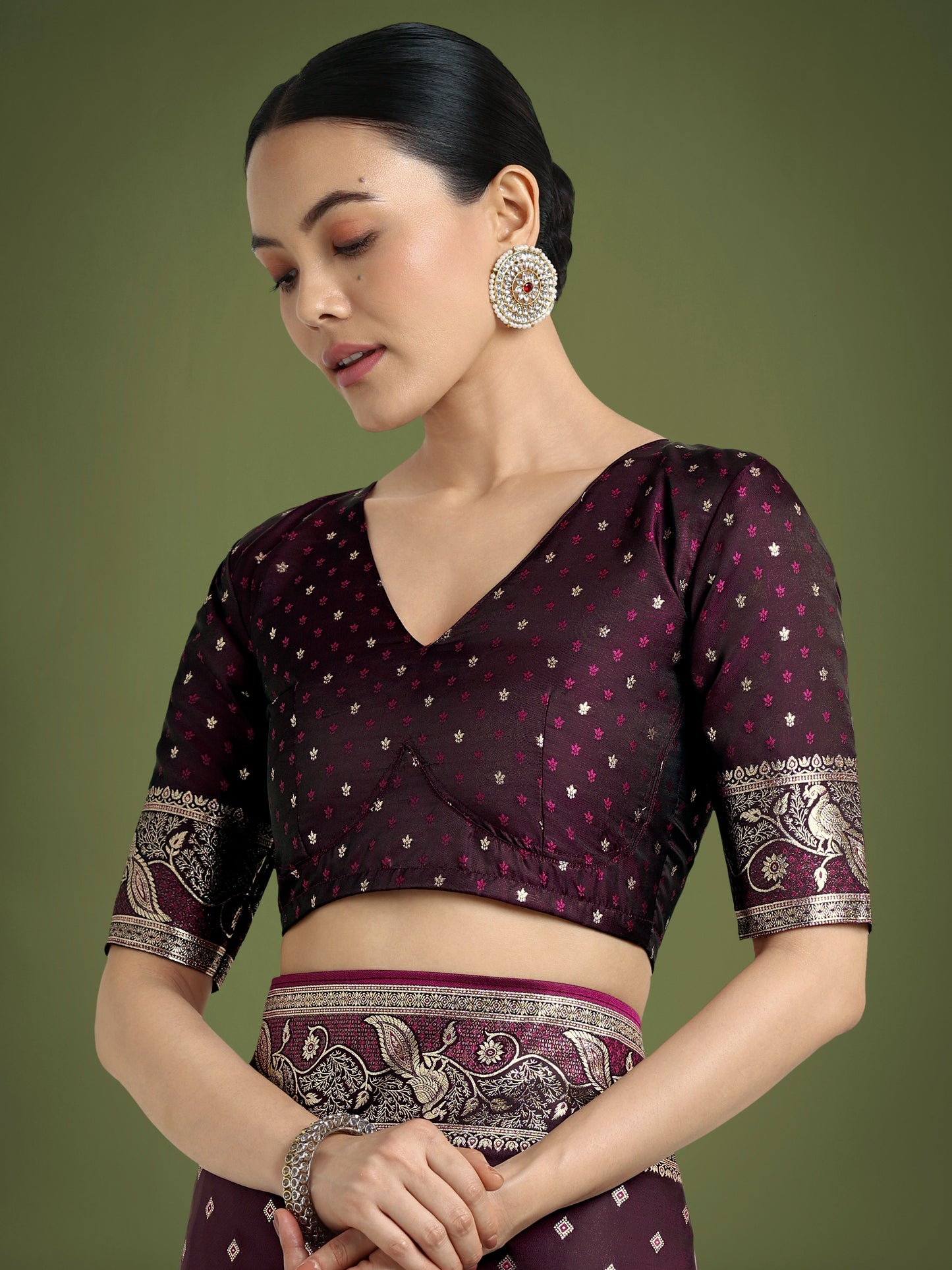 Dhiyona MJ Traditional Wine Woven Banarasi Satin Silk Saree