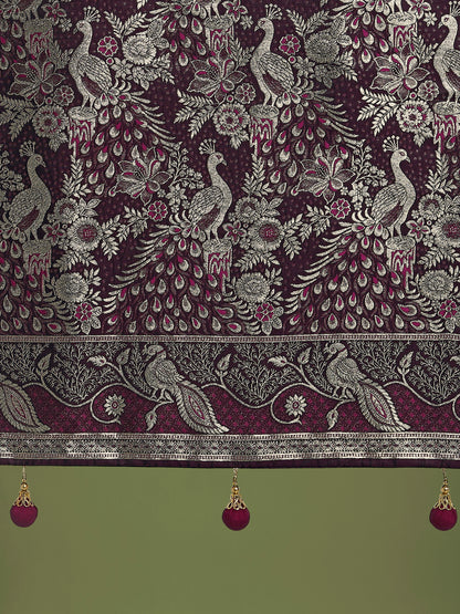 Dhiyona MJ Traditional Wine Woven Banarasi Satin Silk Saree