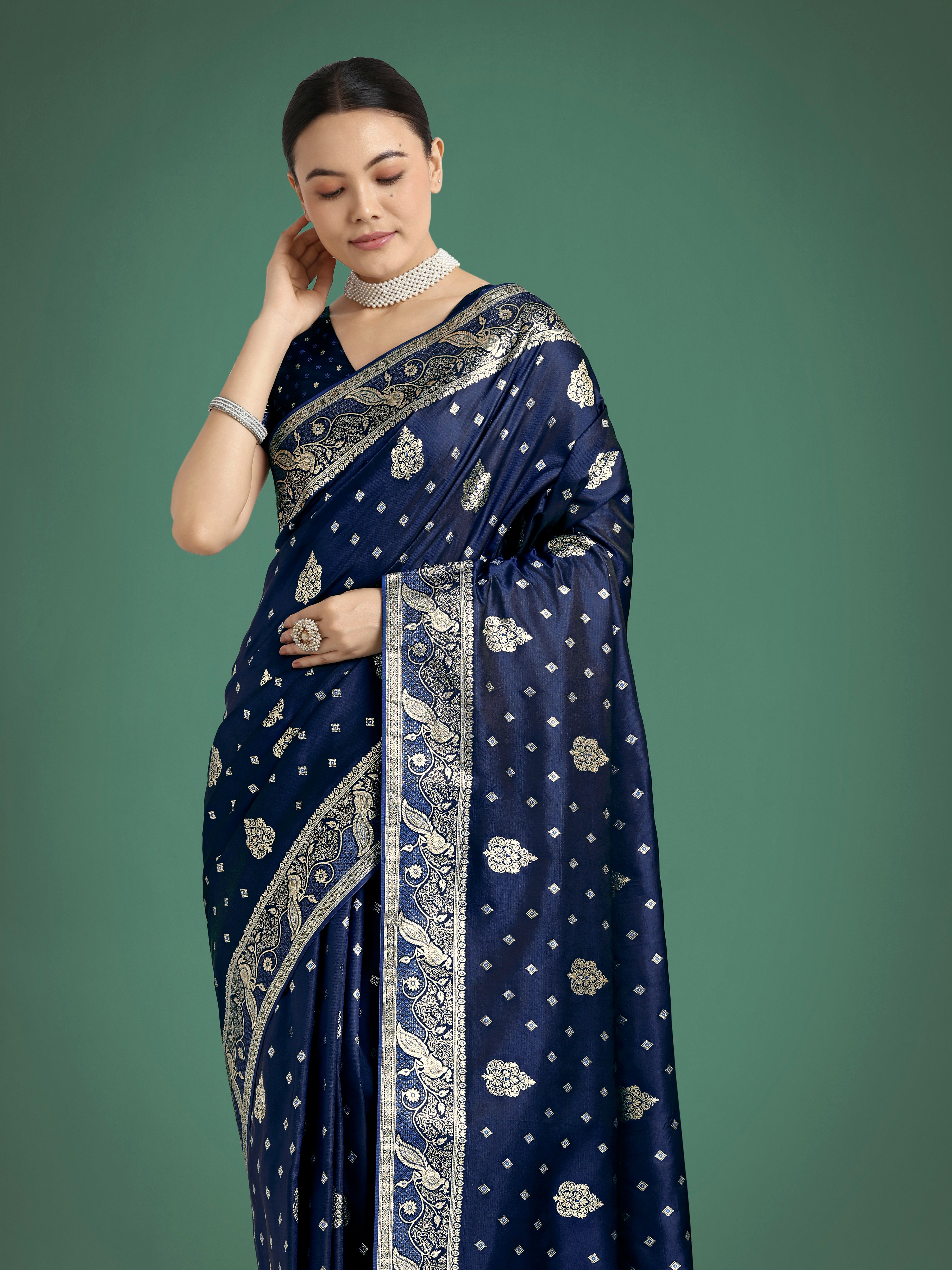 Dhiyona MJ Traditional Blue Woven Banarasi Satin Silk Saree