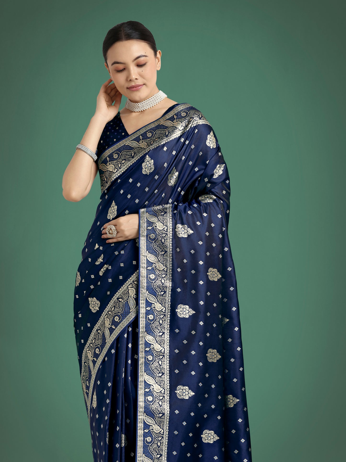Dhiyona MJ Traditional Blue Woven Banarasi Satin Silk Saree
