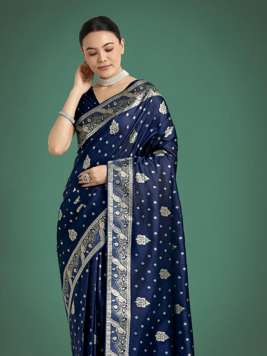 Dhiyona MJ Traditional Blue Woven Banarasi Satin Silk Saree