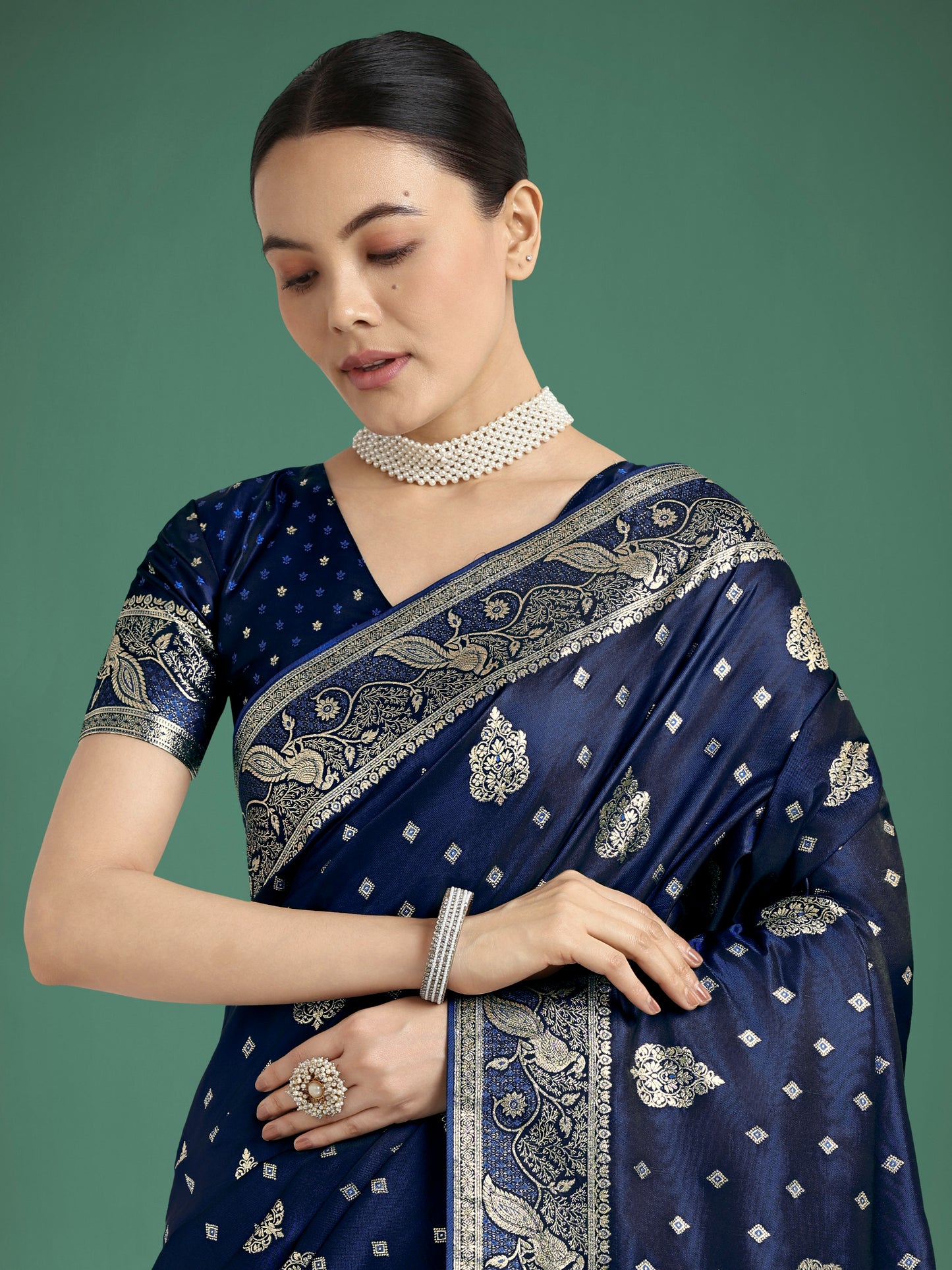 Dhiyona MJ Traditional Blue Woven Banarasi Satin Silk Saree