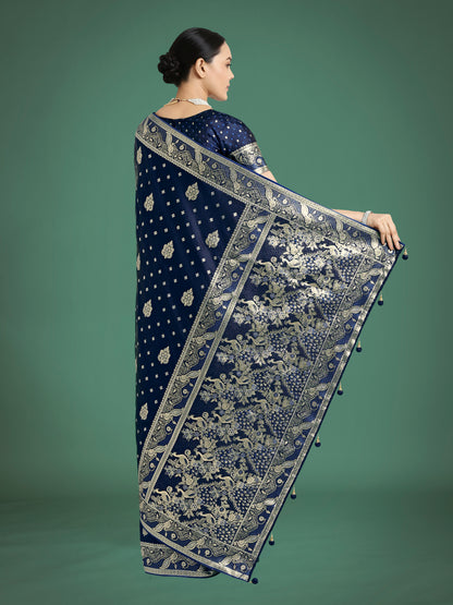 Dhiyona MJ Traditional Blue Woven Banarasi Satin Silk Saree