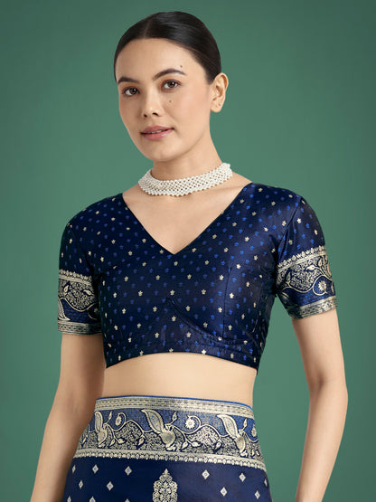 Dhiyona MJ Traditional Blue Woven Banarasi Satin Silk Saree