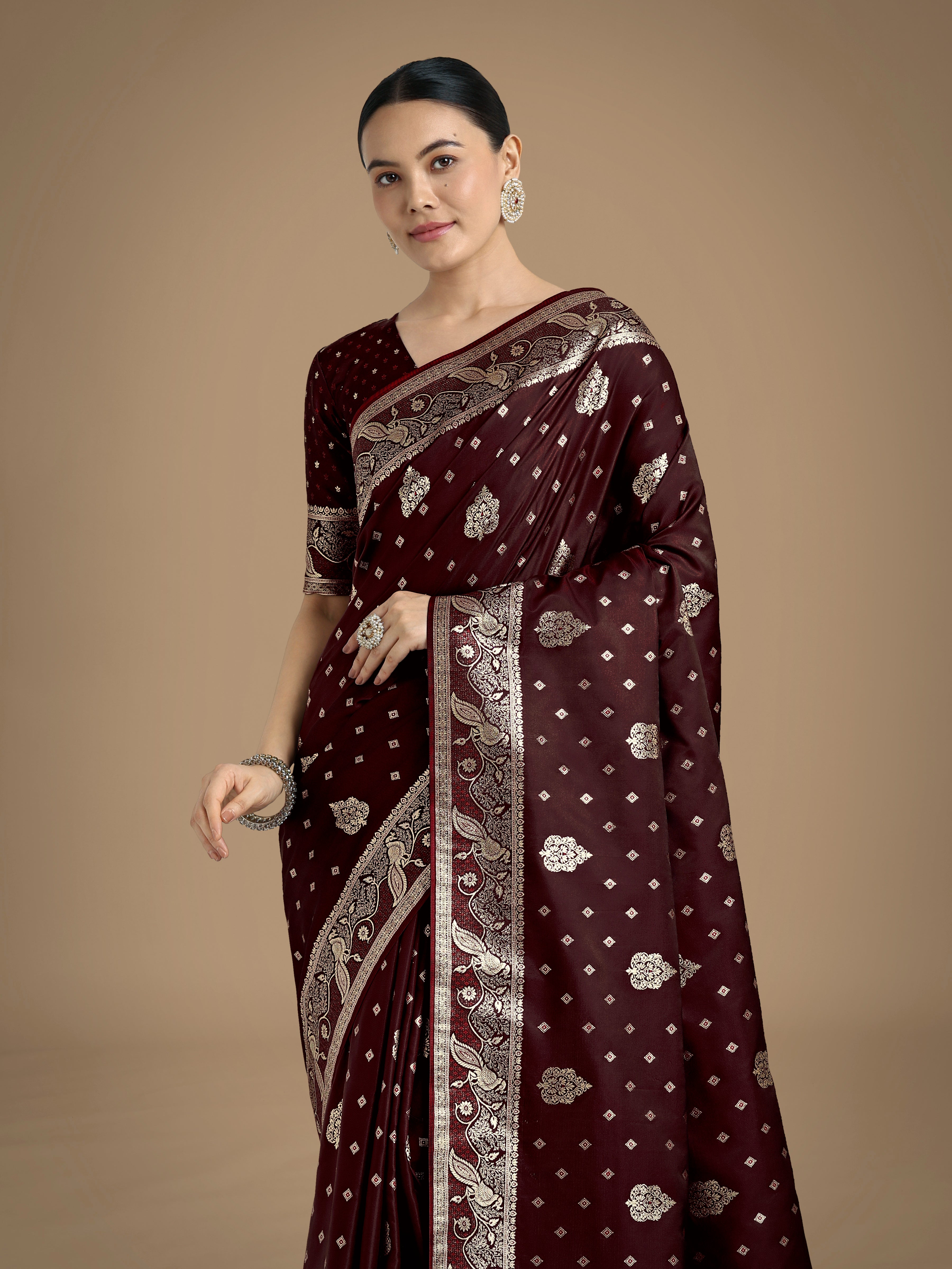 Dhiyona MJ Traditional Maroon Woven Banarasi Satin Silk Saree