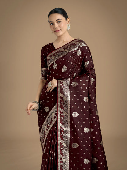 Dhiyona MJ Traditional Maroon Woven Banarasi Satin Silk Saree