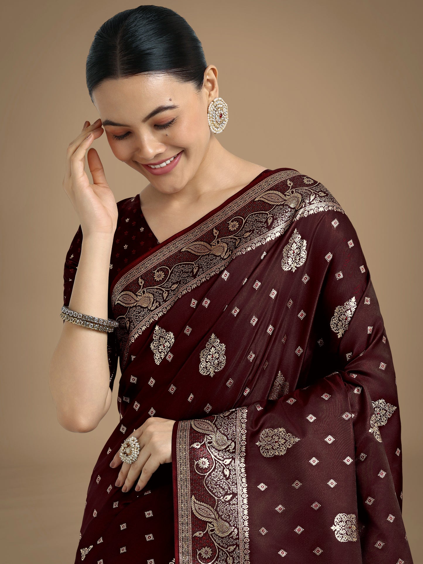 Dhiyona MJ Traditional Maroon Woven Banarasi Satin Silk Saree