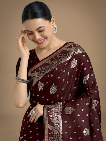 Dhiyona MJ Traditional Maroon Woven Banarasi Satin Silk Saree