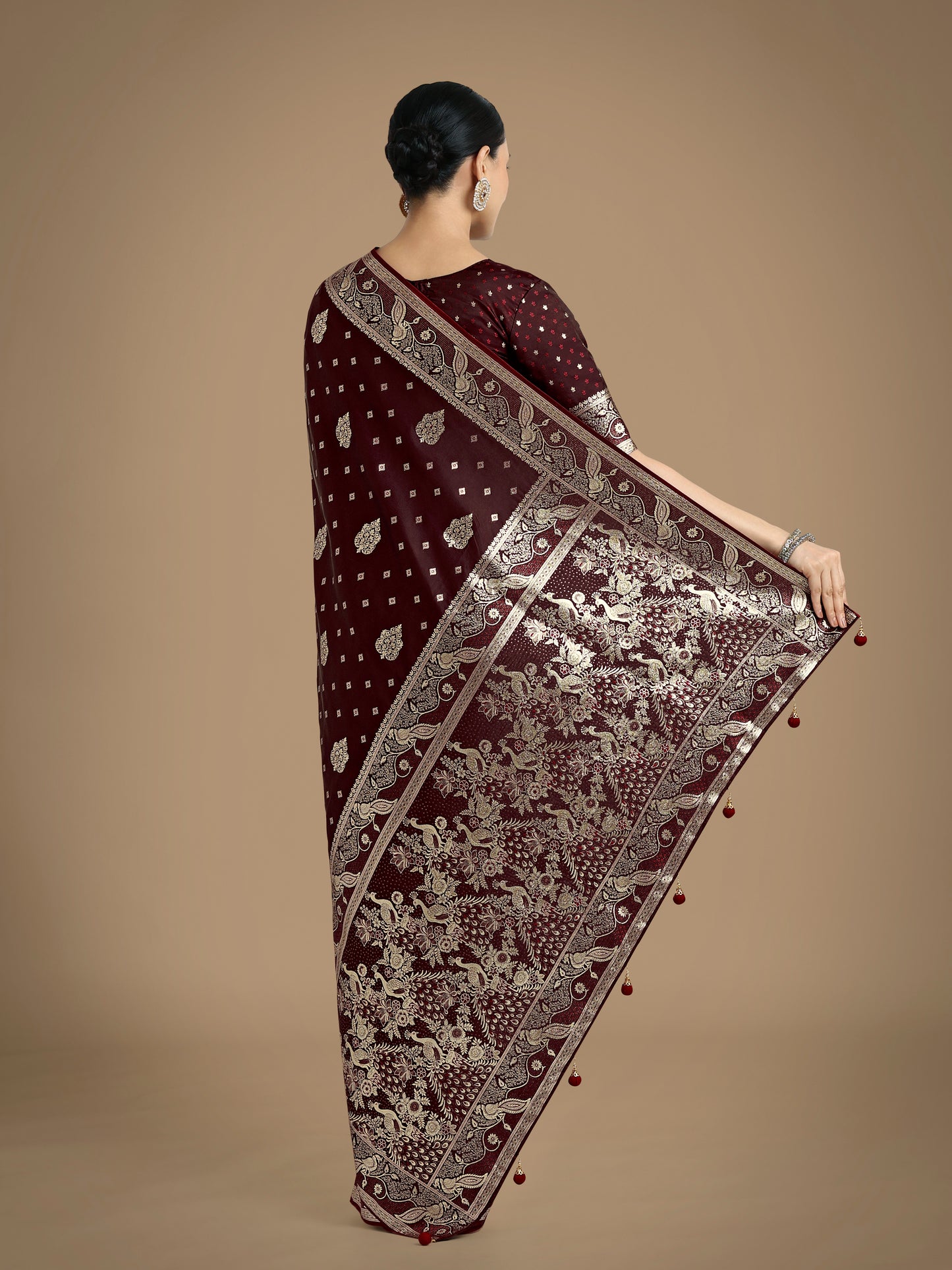 Dhiyona MJ Traditional Maroon Woven Banarasi Satin Silk Saree
