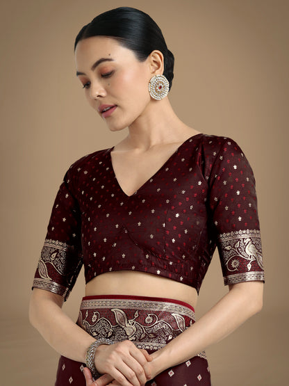 Dhiyona MJ Traditional Maroon Woven Banarasi Satin Silk Saree