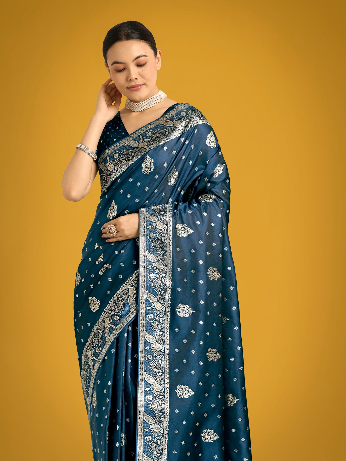Dhiyona MJ Traditional Aqua blue Woven Banarasi Satin Silk Saree