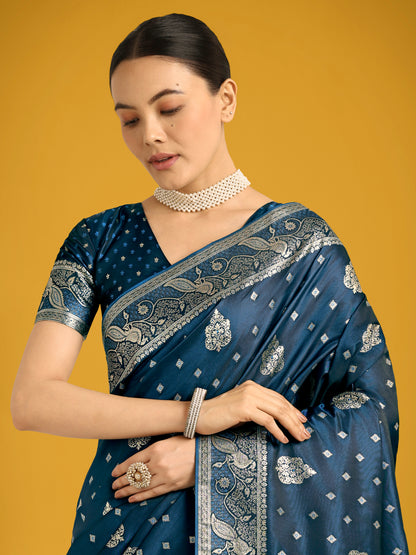 Dhiyona MJ Traditional Aqua blue Woven Banarasi Satin Silk Saree