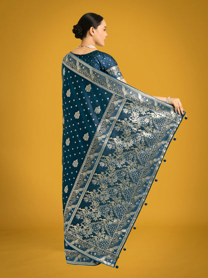 Dhiyona MJ Traditional Aqua blue Woven Banarasi Satin Silk Saree