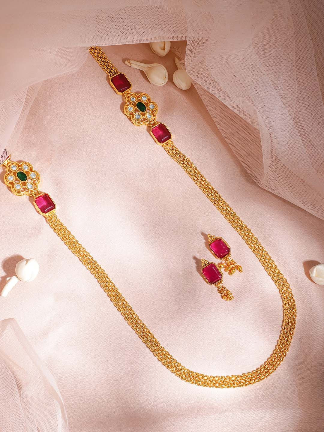 Dhiyona RJ Women's Luxury 22KT Gold Plated Ruby And Emerald Stone Studded White Beaded Jewellery Set