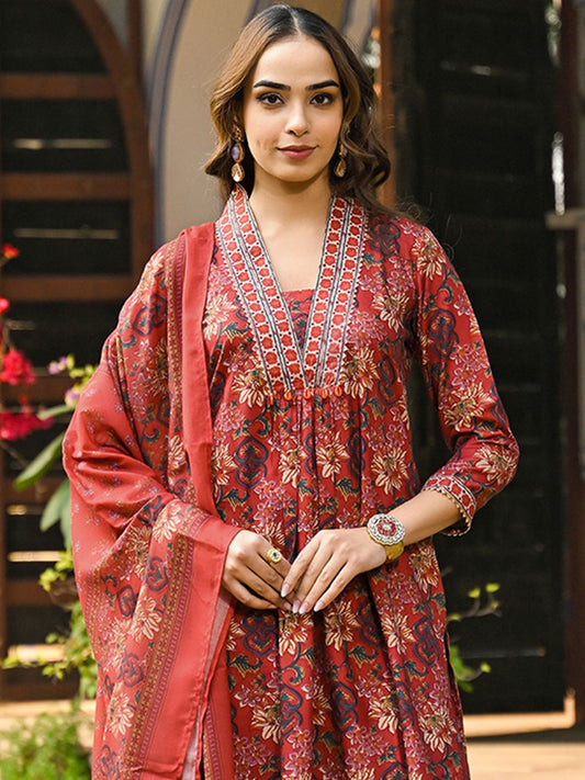 Dhiyona KL Women Floral Printed Regular Kurta with Trousers & With Dupatta
