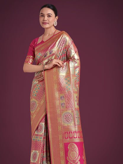 Dhiyona MJ Charming Rani Pink and Gold Soft Banarasi satin Silk Saree With Pretty Blouse Piece