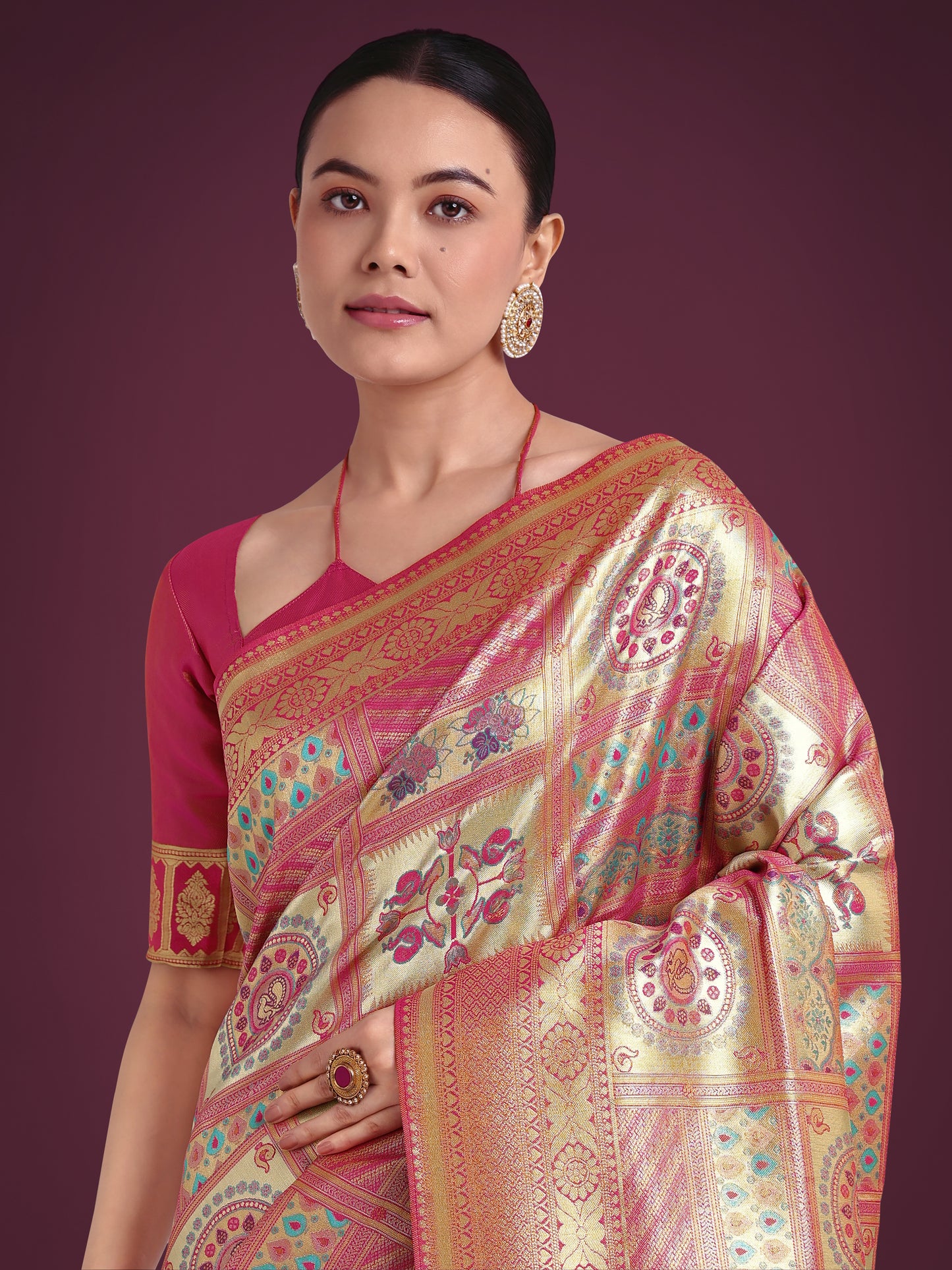 Dhiyona MJ Charming Rani Pink and Gold Soft Banarasi satin Silk Saree With Pretty Blouse Piece