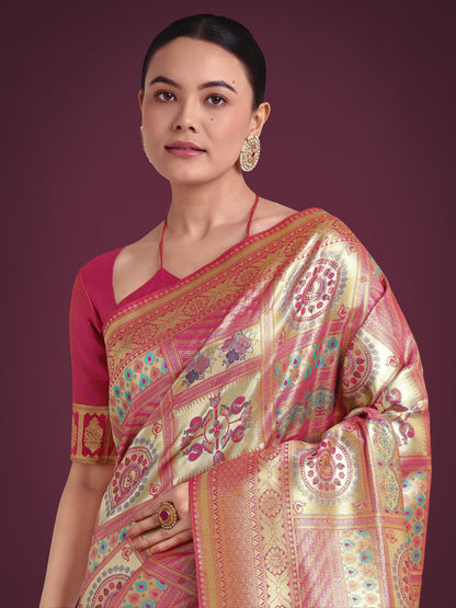 Dhiyona MJ Charming Rani Pink and Gold Soft Banarasi satin Silk Saree With Pretty Blouse Piece
