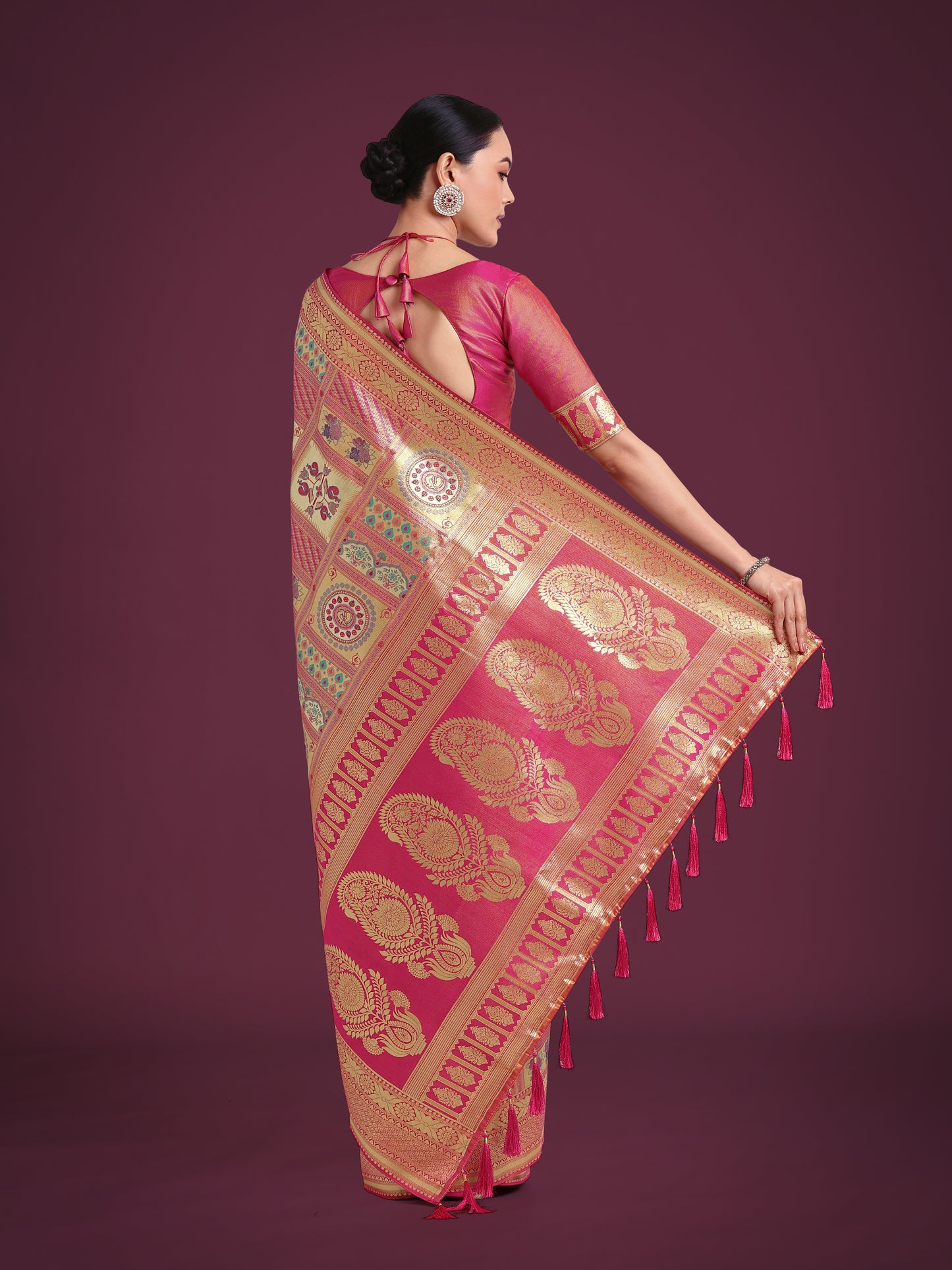 Dhiyona MJ Charming Rani Pink and Gold Soft Banarasi satin Silk Saree With Pretty Blouse Piece