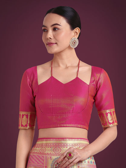 Dhiyona MJ Charming Rani Pink and Gold Soft Banarasi satin Silk Saree With Pretty Blouse Piece