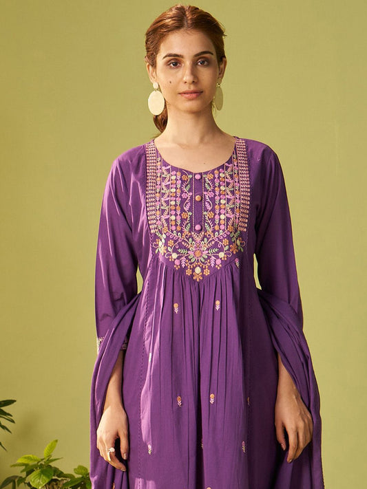 Women Floral Embroidered Cotton Kurta with Trousers & Dupatta