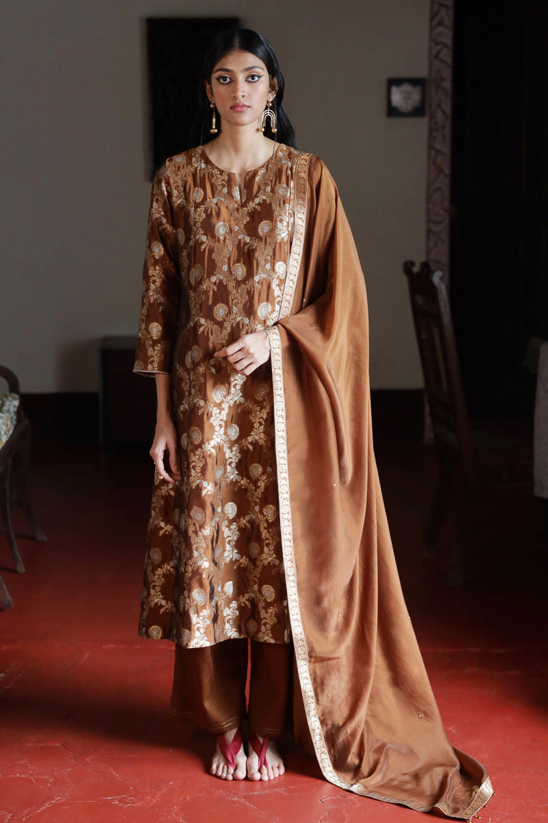 Women's Argan Oil Brown Woven Silk Salwar Suit