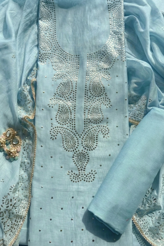 Dhiyona ST 3 Pc Unstitched Suit - Chanderi light Blue Mukiesh Kurta with Lining ,Dupatta and Bottom