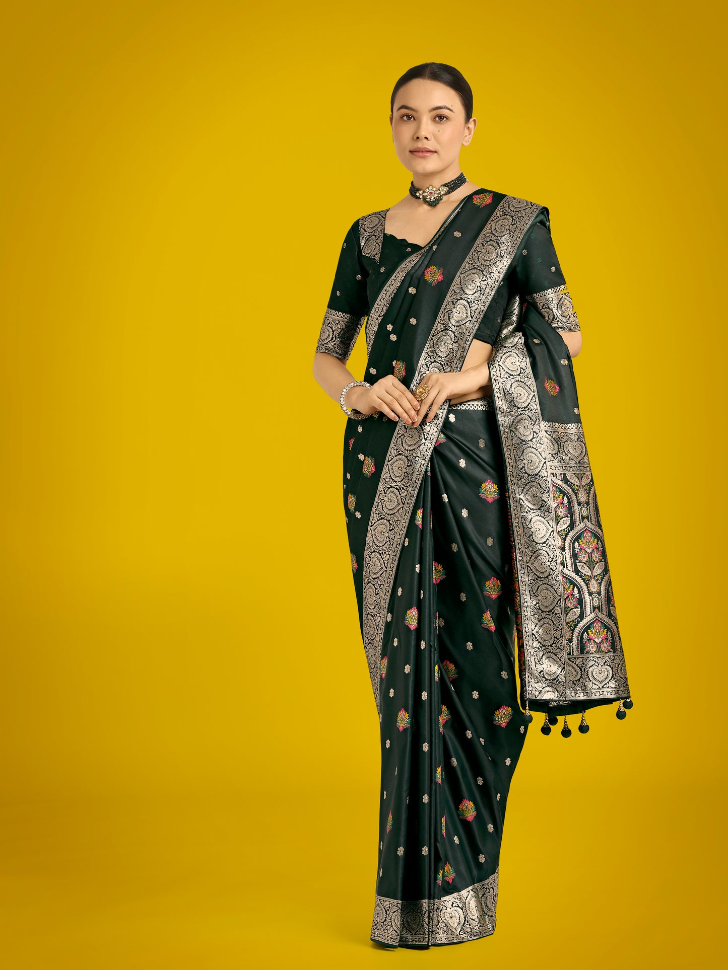 Dhiyona MJ Dark Green Charming Soft Banarasi Zari Woven Designer Satin Silk Saree With Lovely Blouse Piece