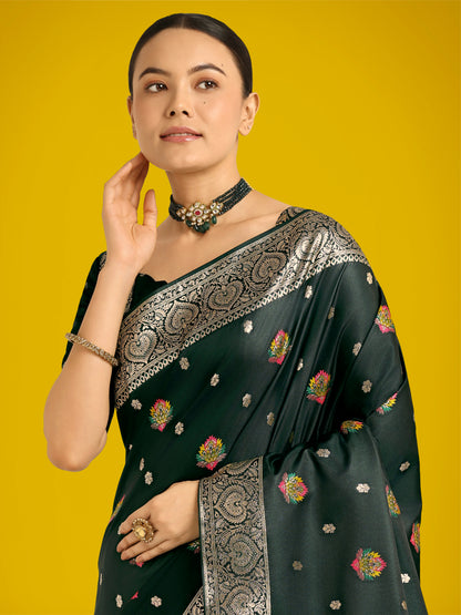Dhiyona MJ Dark Green Charming Soft Banarasi Zari Woven Designer Satin Silk Saree With Lovely Blouse Piece