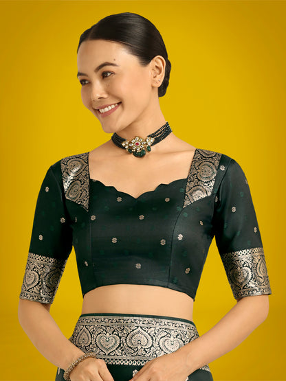 Dhiyona MJ Dark Green Charming Soft Banarasi Zari Woven Designer Satin Silk Saree With Lovely Blouse Piece