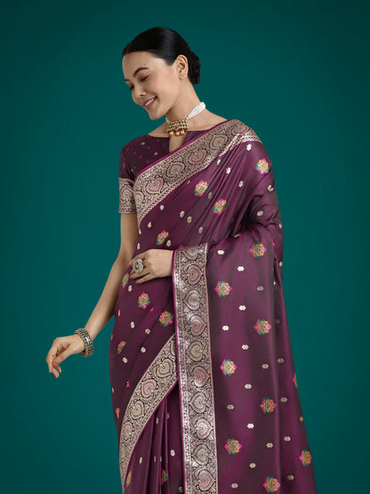 Dhiyona MJ Wine Charming Soft Banarasi Zari Woven Designer Satin Silk Saree With Lovely Blouse Piece