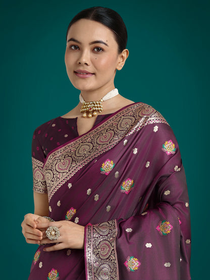 Dhiyona MJ Wine Charming Soft Banarasi Zari Woven Designer Satin Silk Saree With Lovely Blouse Piece