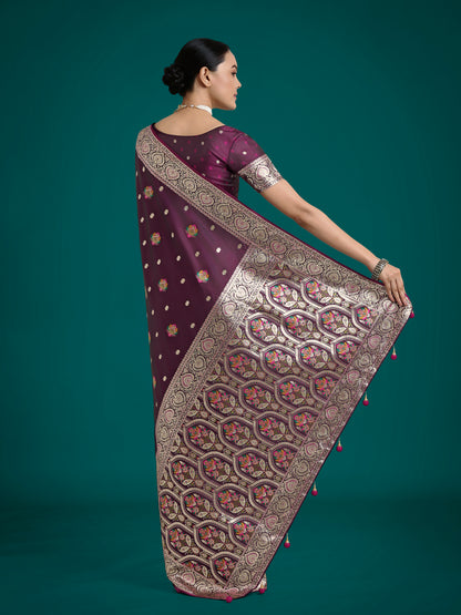 Dhiyona MJ Wine Charming Soft Banarasi Zari Woven Designer Satin Silk Saree With Lovely Blouse Piece