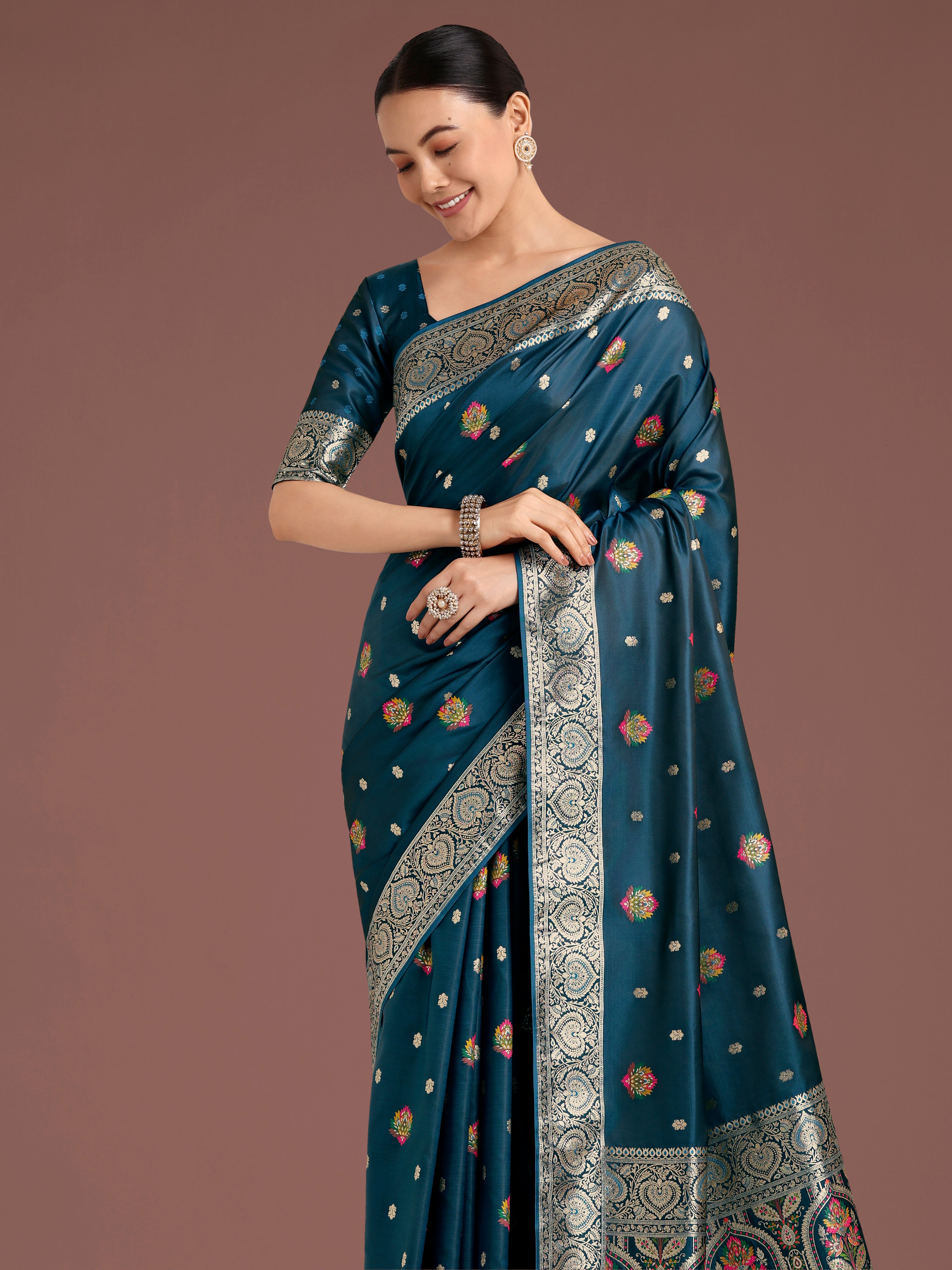 Dhiyona MJ Teal Charming Soft Banarasi Zari Woven Designer Satin Silk Saree With Lovely Blouse Piece