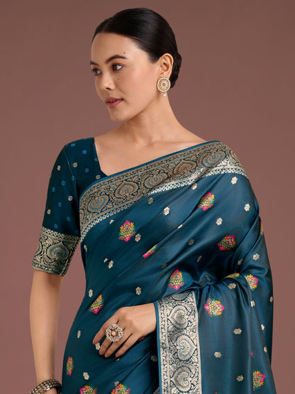 Dhiyona MJ Teal Charming Soft Banarasi Zari Woven Designer Satin Silk Saree With Lovely Blouse Piece