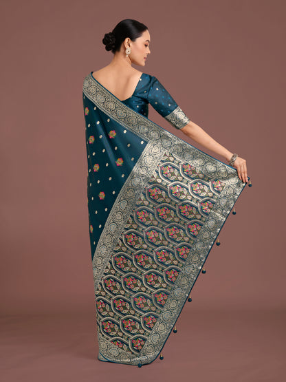 Dhiyona MJ Teal Charming Soft Banarasi Zari Woven Designer Satin Silk Saree With Lovely Blouse Piece