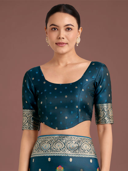 Dhiyona MJ Teal Charming Soft Banarasi Zari Woven Designer Satin Silk Saree With Lovely Blouse Piece