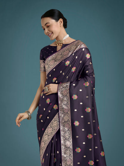 Dhiyona MJ Purple Charming Soft Banarasi Zari Woven Designer Satin Silk Saree With Lovely Blouse Piece