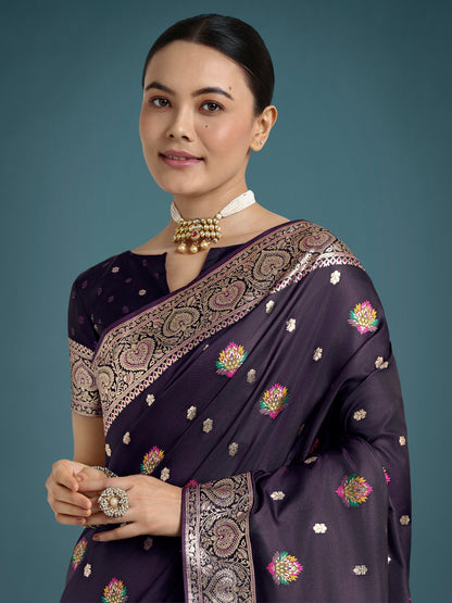 Dhiyona MJ Purple Charming Soft Banarasi Zari Woven Designer Satin Silk Saree With Lovely Blouse Piece