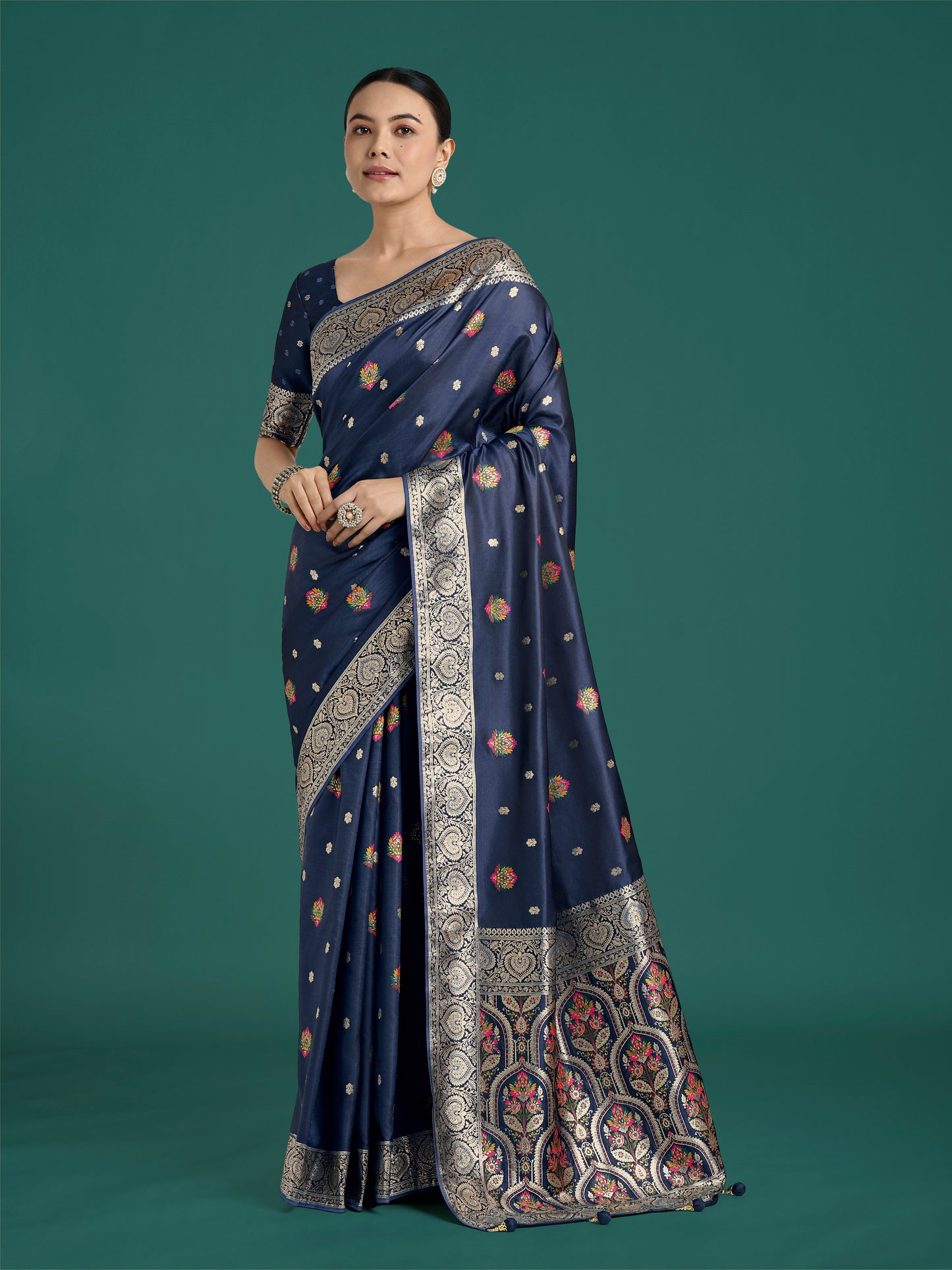 Dhiyona MJ Navy blue Charming Soft Banarasi Zari Woven Designer Satin Silk Saree With Lovely Blouse Piece