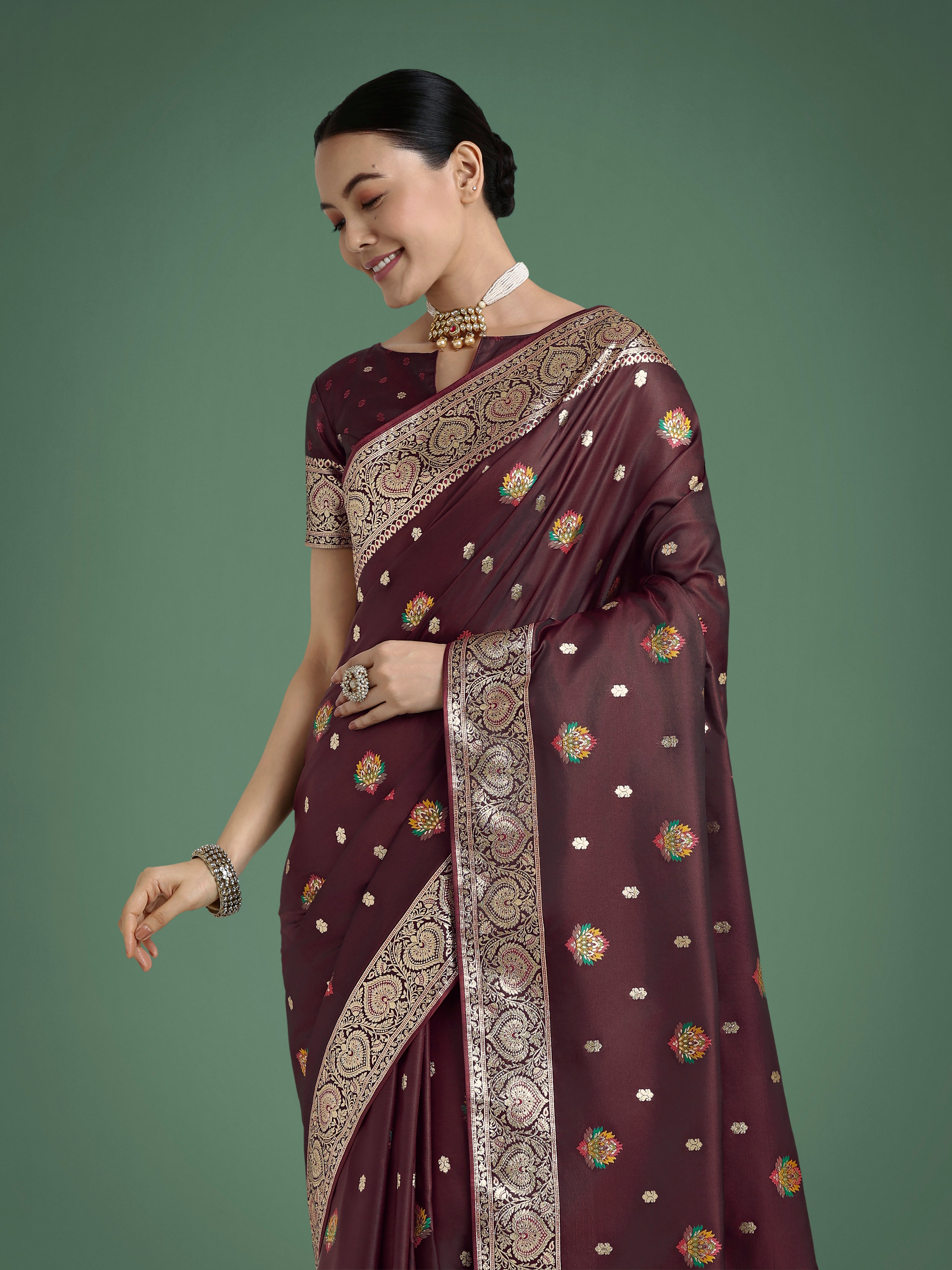Dhiyona MJ Maroon Charming Soft Banarasi Zari Woven Designer Satin Silk Saree With Lovely Blouse Piece
